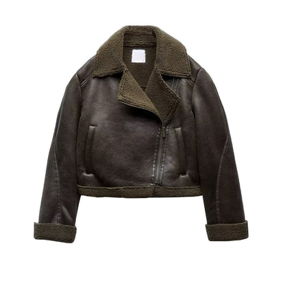 Lapel Patchwork Fleece Motorcycle Short Jacket Coat