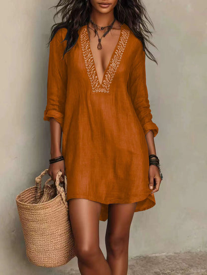 V-Neck Mid-Sleeve Resort-Style Elegant Dress
