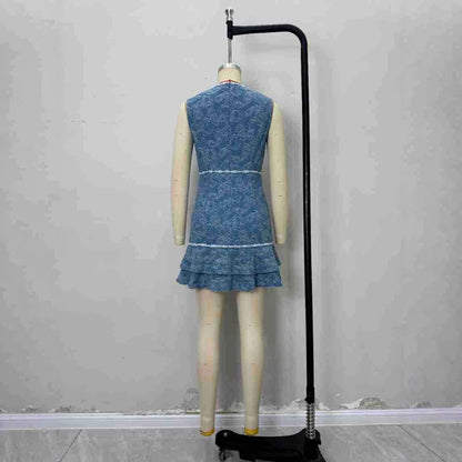 Sleeveless blue and white print element denim blue dress