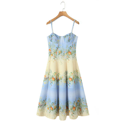 Bohemian vacation style linen print dress