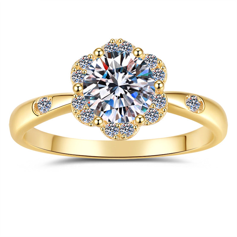 Ring met bloemenmotief en moissanite verguld met 18 karaats sterling zilver