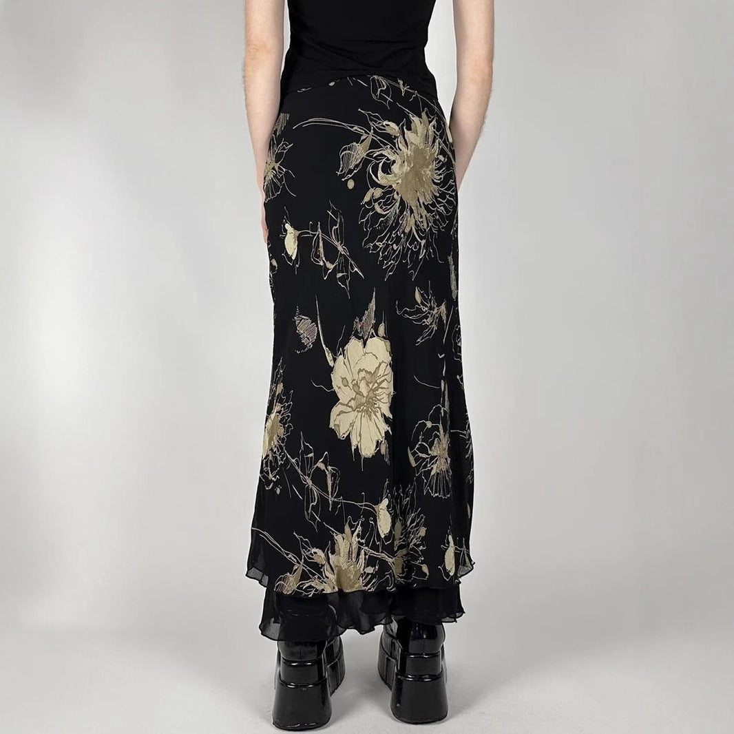 Retro Forest Floral Print Low Waist Slimming Skirt Spicy Girl Bodycon Versatile Slimming A-Line Long Skirt