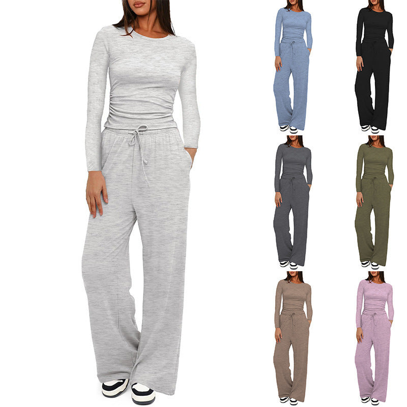 Casual Solid Color Long Sleeve Top & High-Waisted Wide Leg Pants Set Sportswear