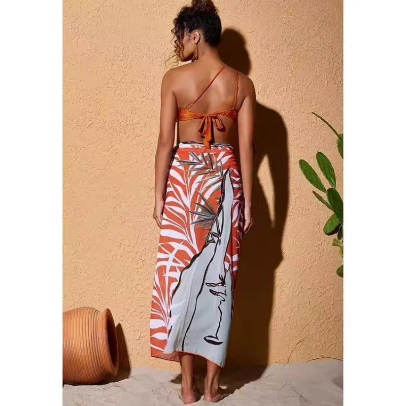 One Shoulder with Bead 3 Pieces Sets Bikinis+Skirt Women  Biqunis Beachwear Bathing Suit Solid Monokini Summer Swimming Suit