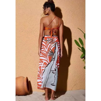 One Shoulder with Bead 3 Pieces Sets Bikinis+Skirt Women  Biqunis Beachwear Bathing Suit Solid Monokini Summer Swimming Suit