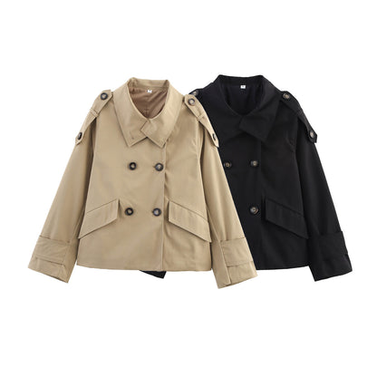 Elegant Stand Collar Double-Breasted Waist-Tied Short Coat for Women
