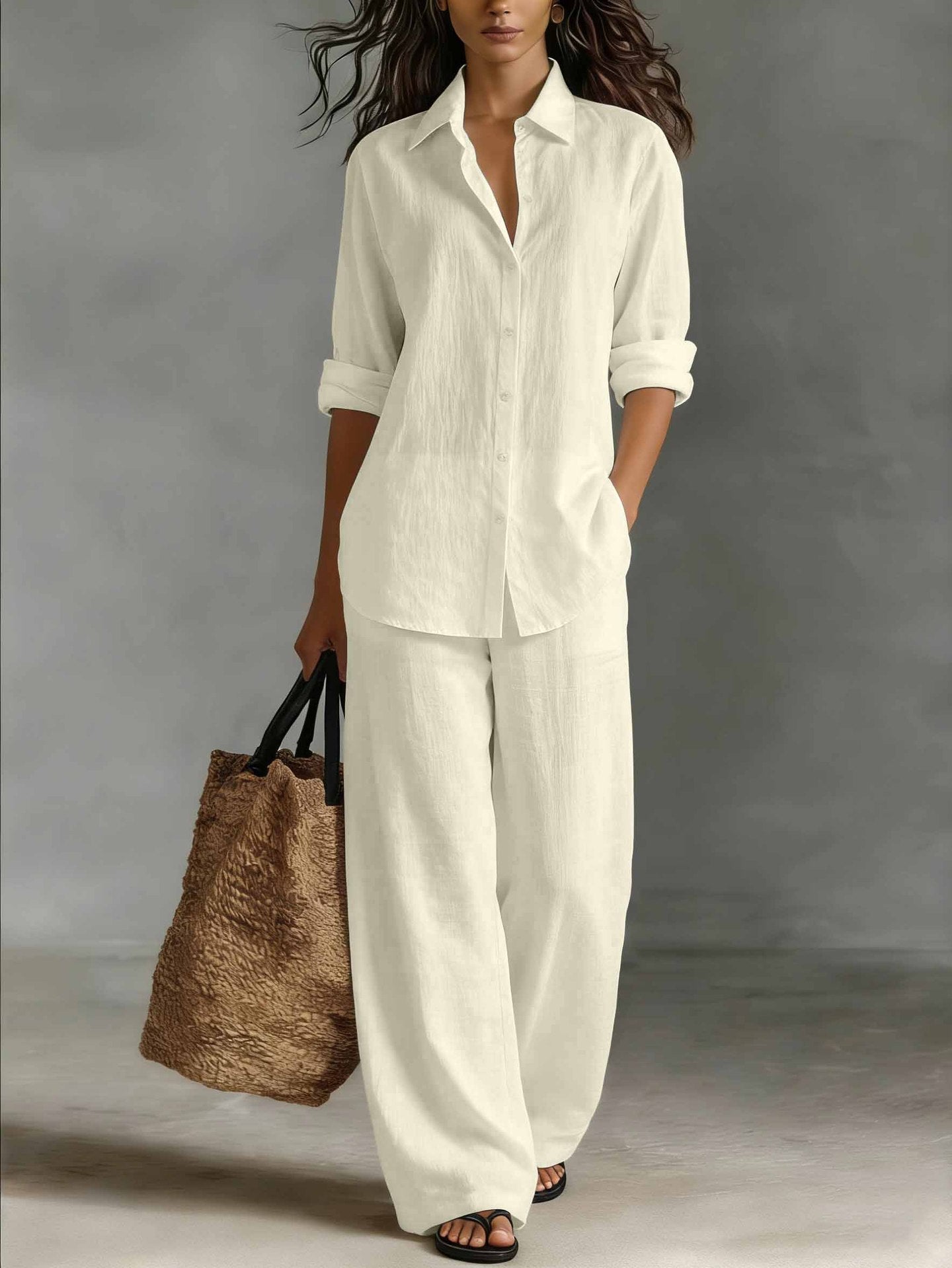 Casual katoen-linnen blouse en broekset voor dames