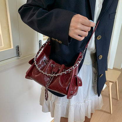 Women's Quilted Diamond Pattern PU Leather Chain Drawstring Shoulder Bag