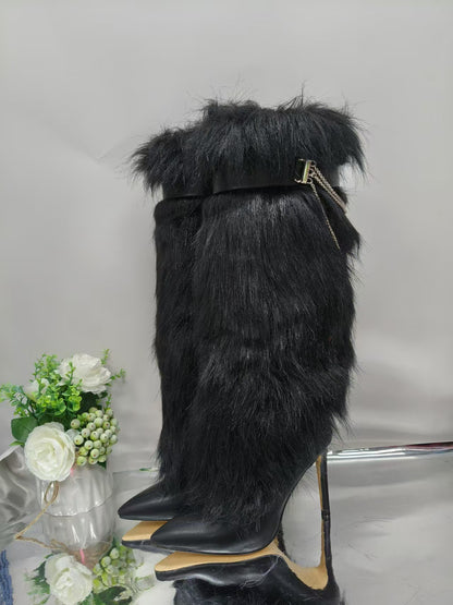 Pointed-toe furry boots high heels