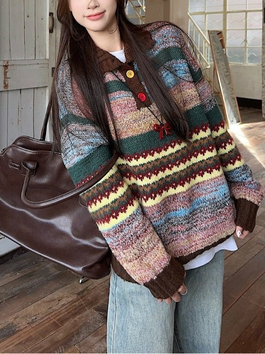 Colorful Knitted Sweater for Women Soft Vintage Oversized Pullover Top