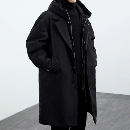 Men's faux two-piece hooded mid-length windbreaker