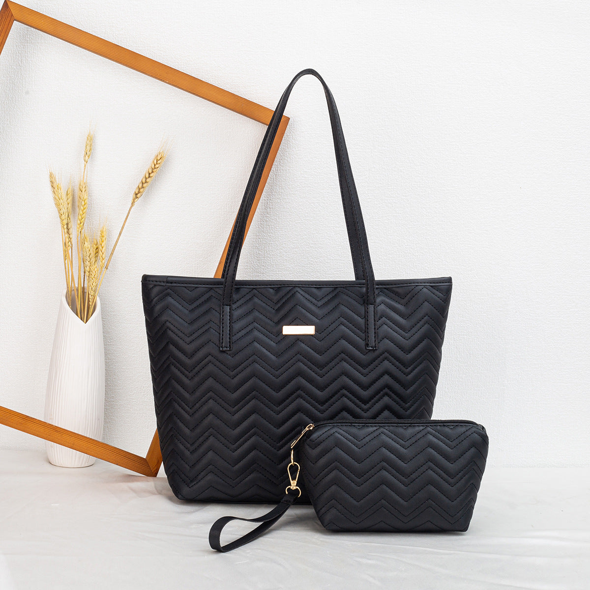 PU Embroidery Shoulder Tote Bag Set