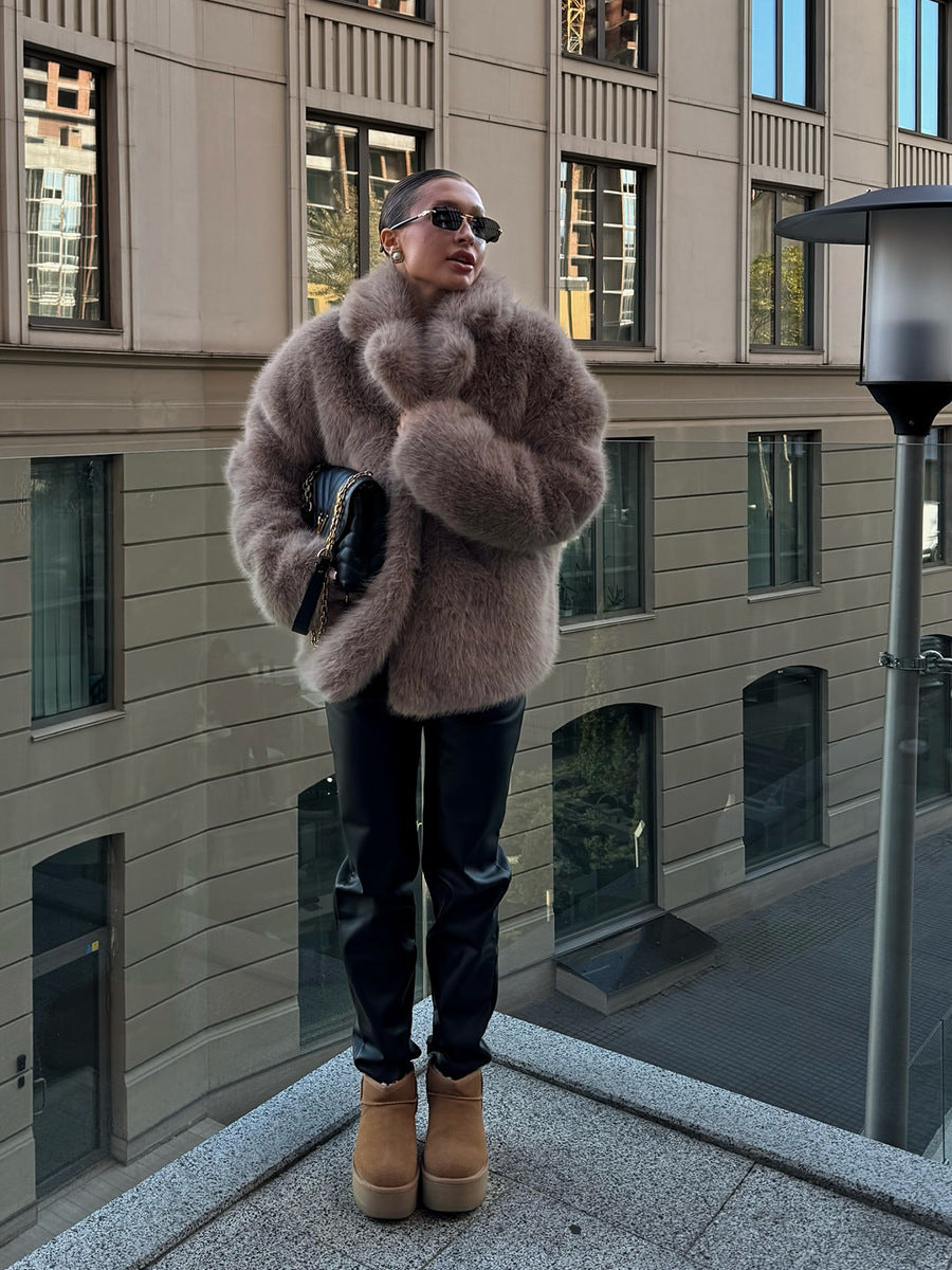 Women's Loose Fit Imitation Fur Coat Long Sleeve Suit Collar Winter Warm Outerwear