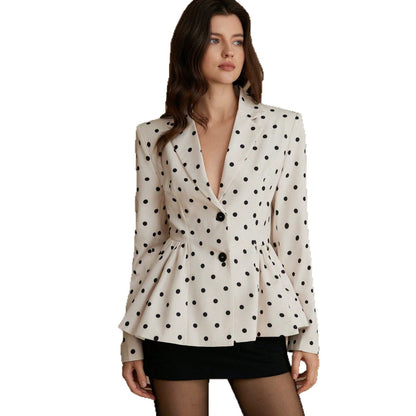 Chic Polka Dot Printed Blazer Coat for Women with Fitted Waist, Flared Skirt, Notched Lapel, Long Sleeve, Elegant Women's Suit Coat
