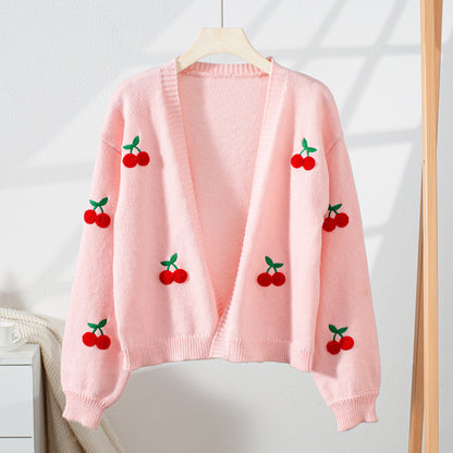 Modieus elegant gebreide open vest met kersen borduurdsels en lange mouwen
