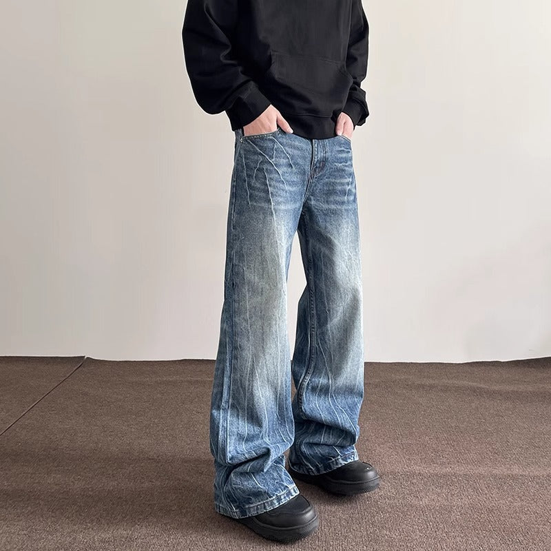 Mens Washed Denim Wide Leg Trousers