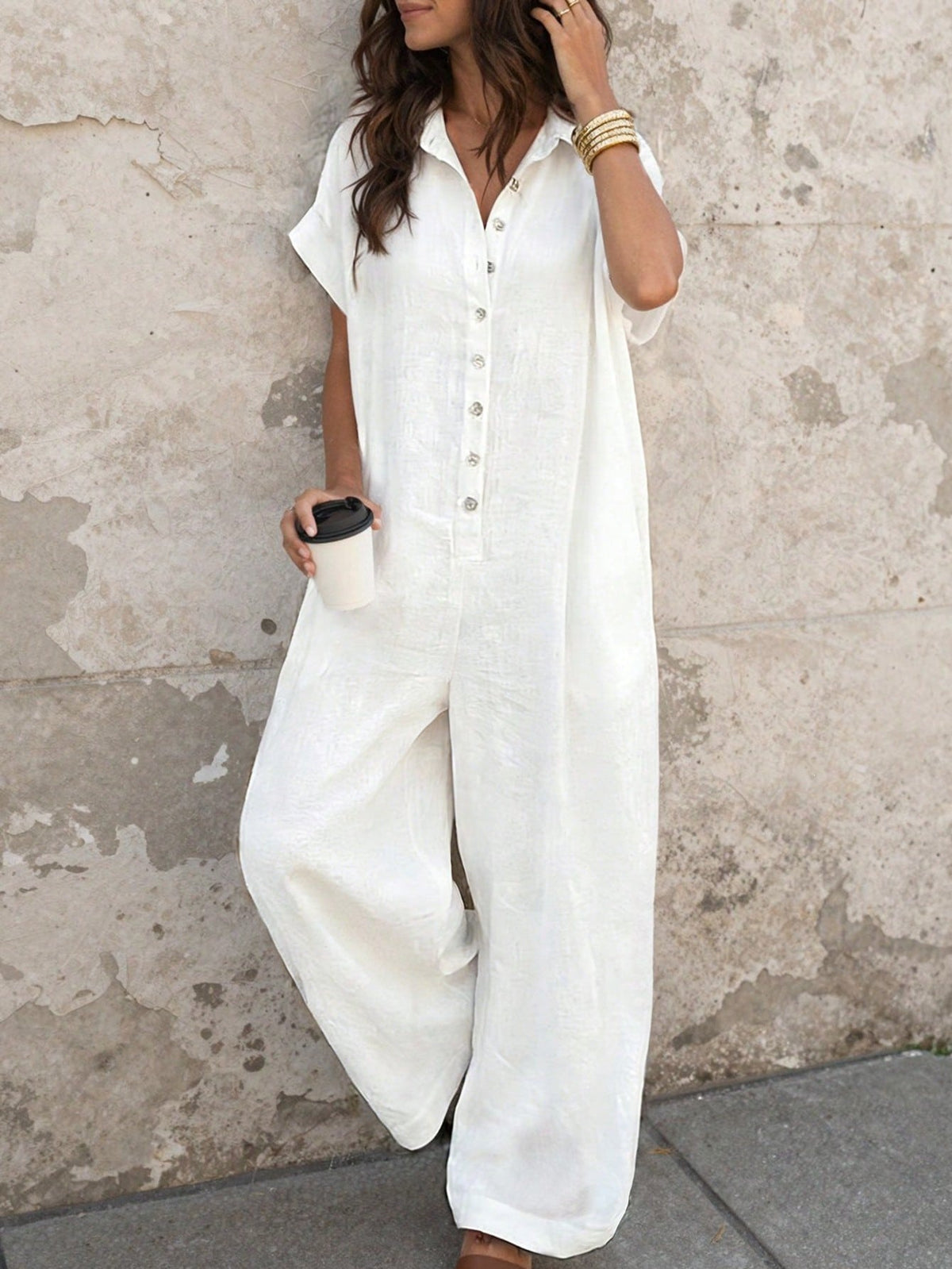 Short Sleeve Button Front Loose Fit Jumpsuit