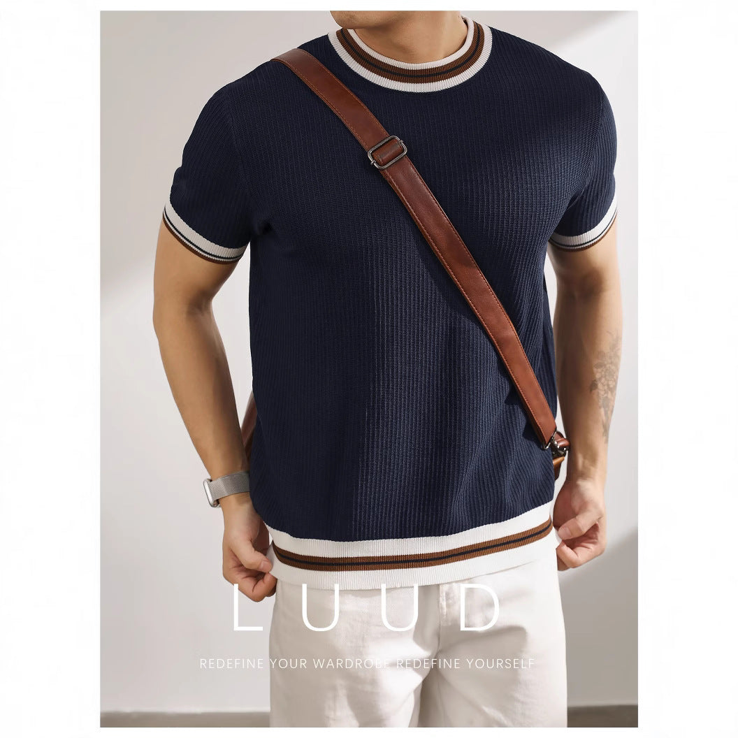 Men's Striped Ice Silk Knit Polo Shirt Short Sleeve Slim Fit Summer Top