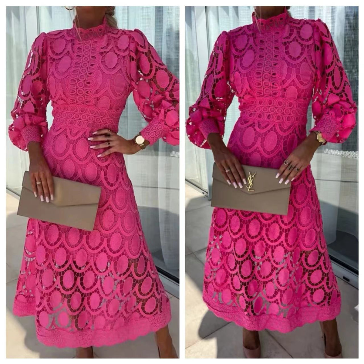 French Style Lace Collar Puff Sleeve Long Dress