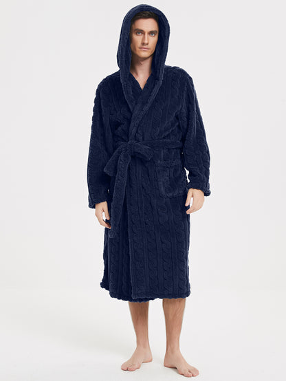 Warm Jacquard Cotton Velvet Couple Hooded Twist Nightgown Set