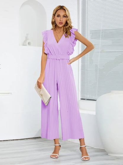 Geplooide jumpsuit met ceintuur en korte ruches mouwen