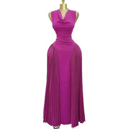 Elegant Sleeveless Pleated Bodycon Dress with Patchwork Design for Summer Long Dress