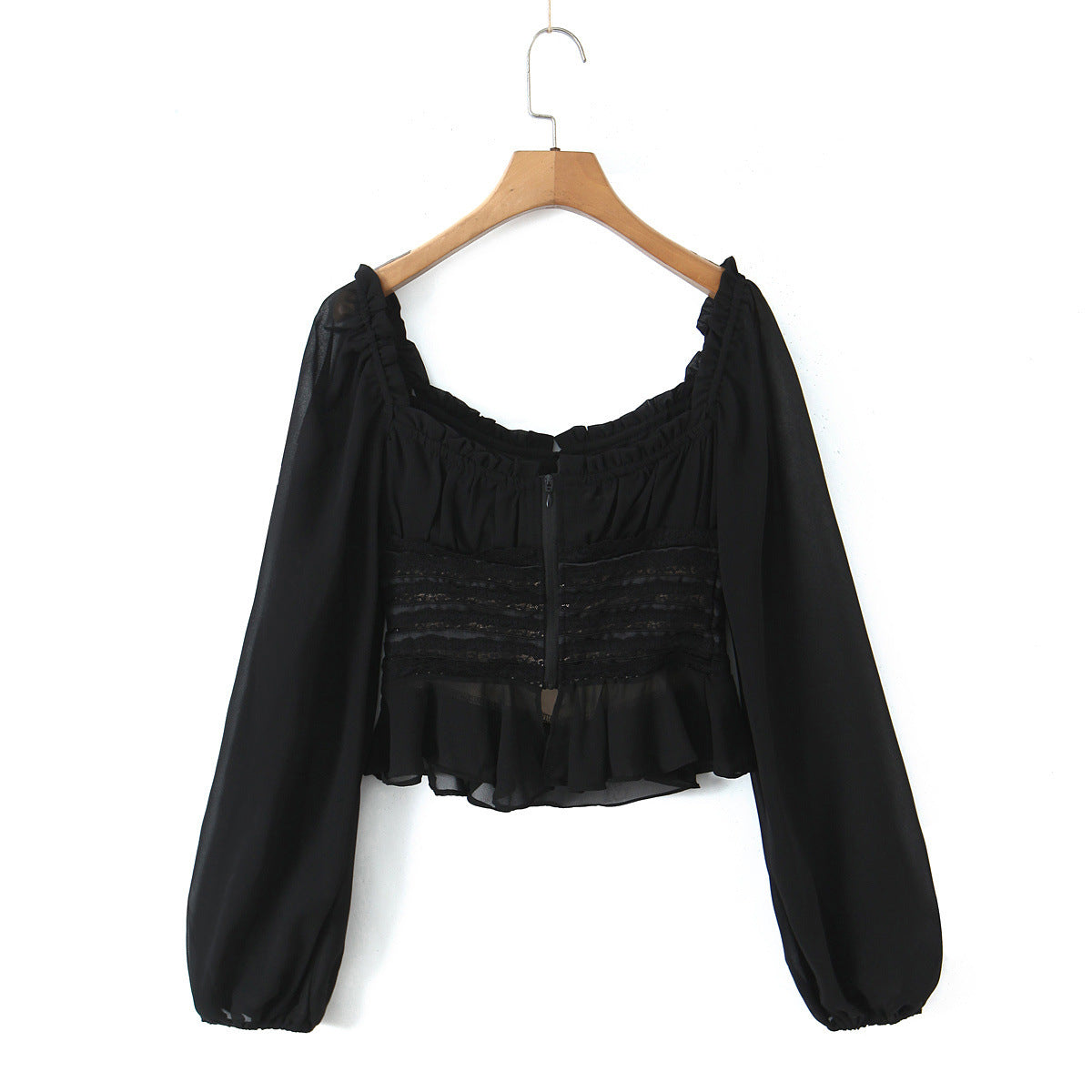 Sweet black long sleeved chiffon ruffle hem top