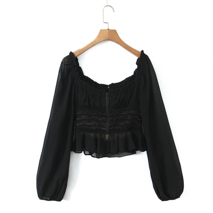 Sweet black long sleeved chiffon ruffle hem top