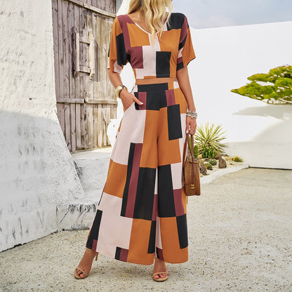 Spring and summer European and American short sleeved women's casual V-neck contrasting skirt set