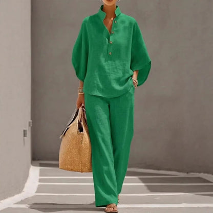 Womens Cotton Linen Shirt Set Casual Long Sleeve