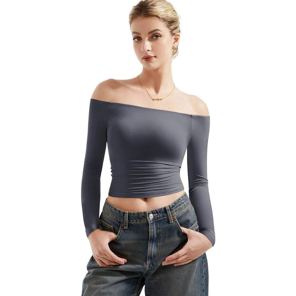 Women's Off-Shoulder Long Sleeve Crop Top Slim Fit Pullover