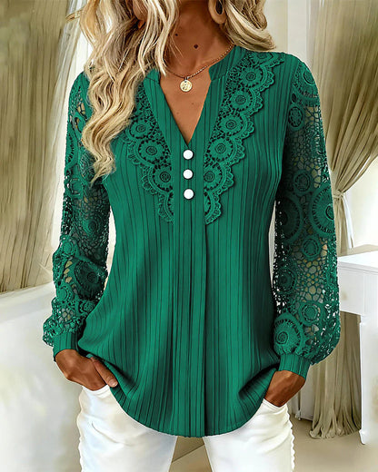 Women Solid Color V-Neck Lace Blouse Long Sleeve Slim Fit Shirt