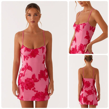 three-dimensional floral print spaghetti-strap mini dress