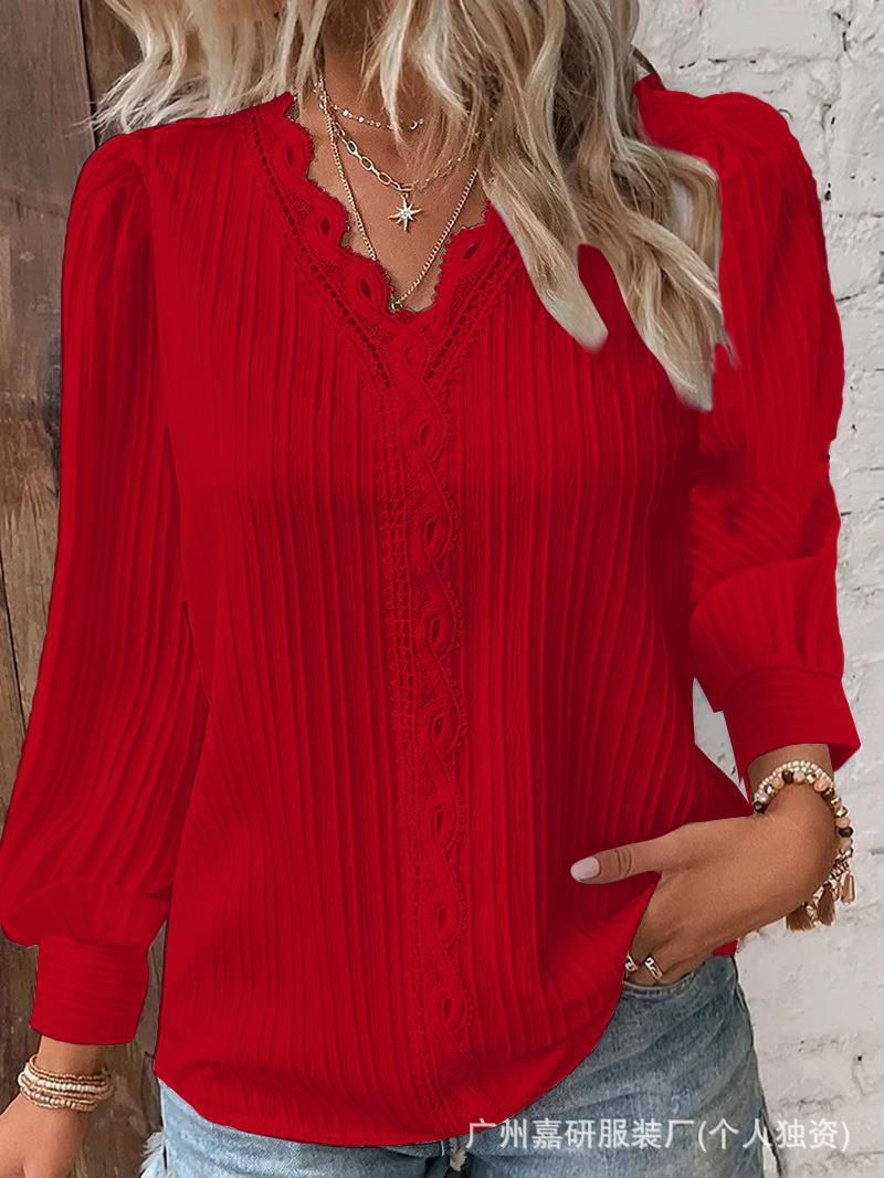 2025 Cross-Border Hot Selling Amazon Autum Long-Sleeved V Neck Lace Splicing Shirt Women's Shirt Women's Clothing Ready Supply