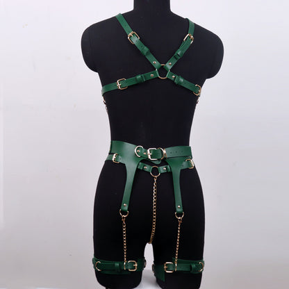 Adjustable PU Leather Bondage Jumpsuit with Chains