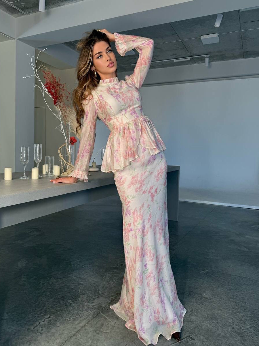 Set van top met bloemenprint ruches en rok met hoge taille en visgraatmotief