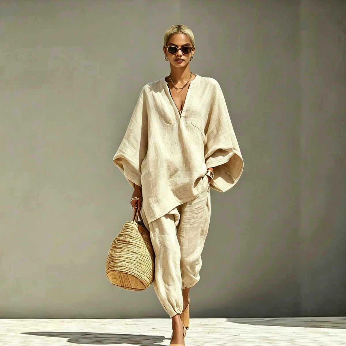 Women Casual Batwing Sleeve V-Neck Linen Blend Suit