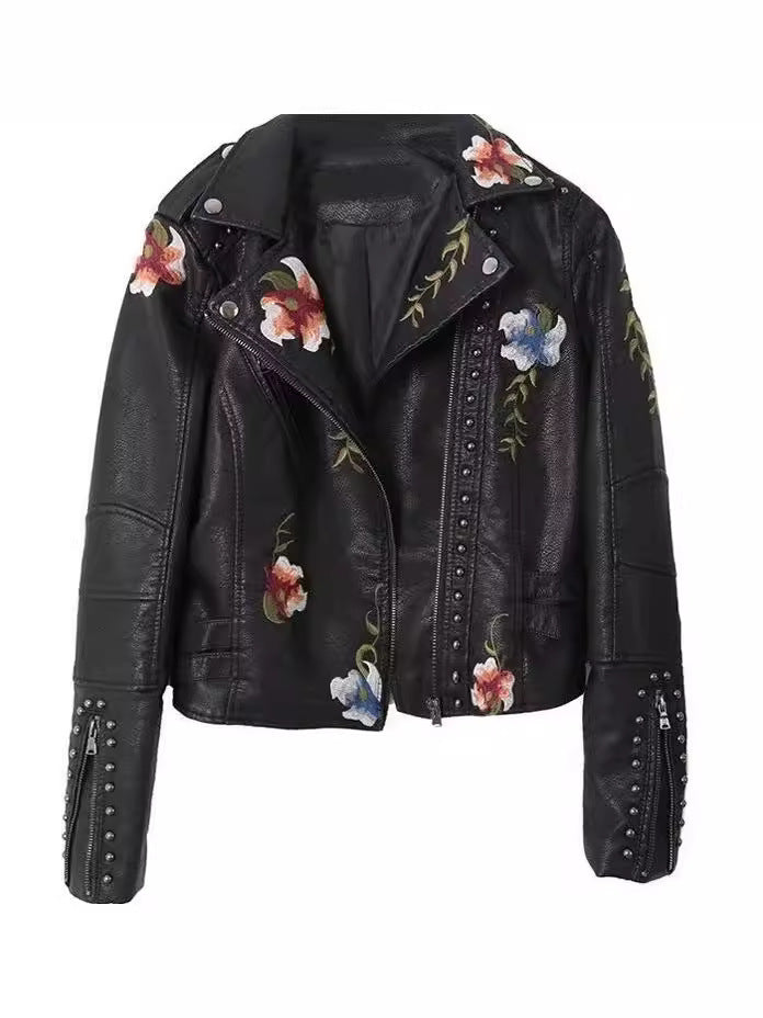 Embroidered Rivet Detail Leather Jacket