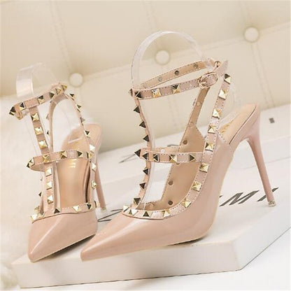 New 10CM woman Sexy nightclub stiletto heels patent-leather metallic rivet hollow Roman fashion sandals