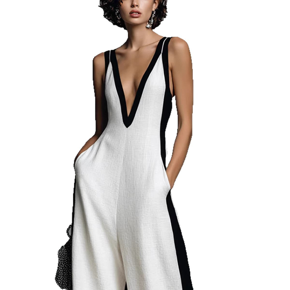 Fashion Color-block Sleeveless V-neck Wide-leg Jumpsuit for Women