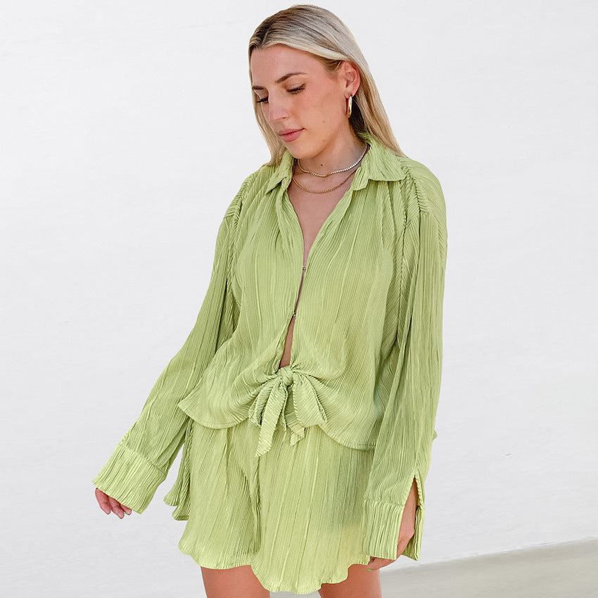 Slim Pleated Green Cardigan Sleepwear Set, Loose Casual Long Sleeve Short Pants Women's Loungewear