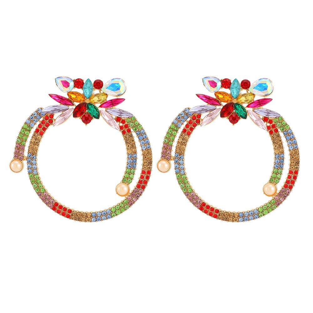Fashionable circular metal full color crystal trendy earrings