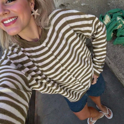 Women's Striped Knit Button-Front Long Sleeve Cardigan