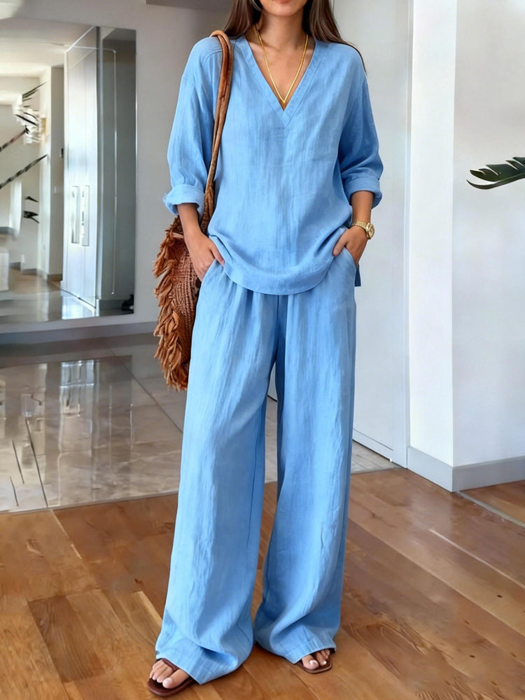 Women's V-Neck Linen Wide-Leg Two-Piece Set
