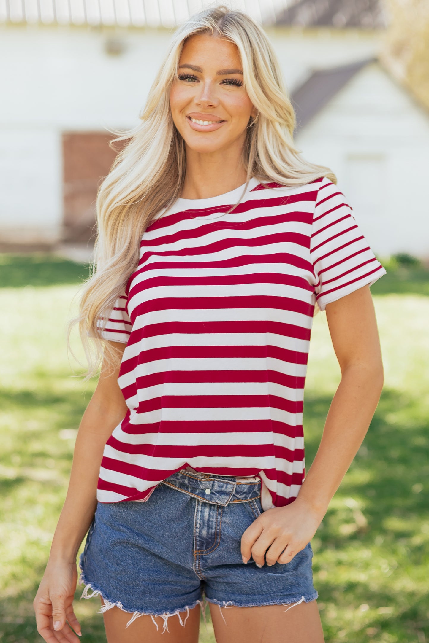Rood gestreept patchwork T-shirt met ronde hals