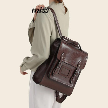Fashion Leather Women Backpack Casual Oil Wax Cowhide Retro Schoolbag