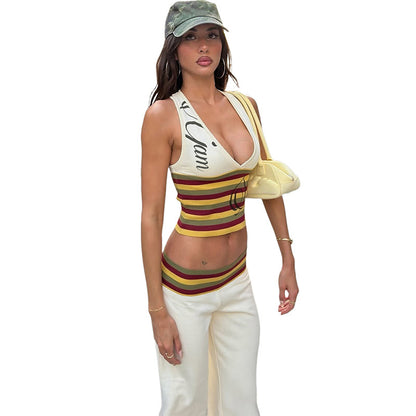 Womens Striped Crop Top and Flared Pants Set
