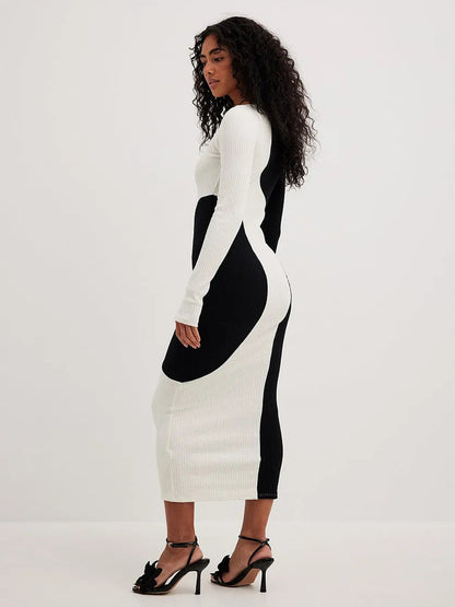 Knitted Dress Women Striped Knit Maxi Dress Fashion Elegant Slim Dress Sexy Hollow Out Wave Long Dress Lady Bodycon Party Dress