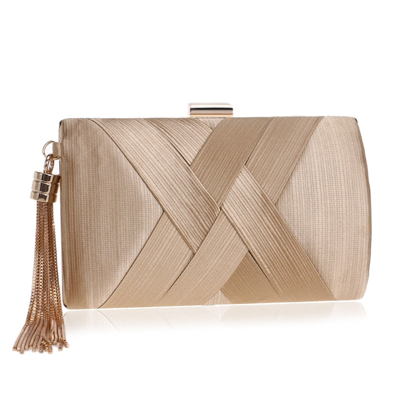 Luxury Lady Women Clutch Bags Tassel Golden Satin Evening Bags Wedding Bridal Handbags Shoulder Chain Purse