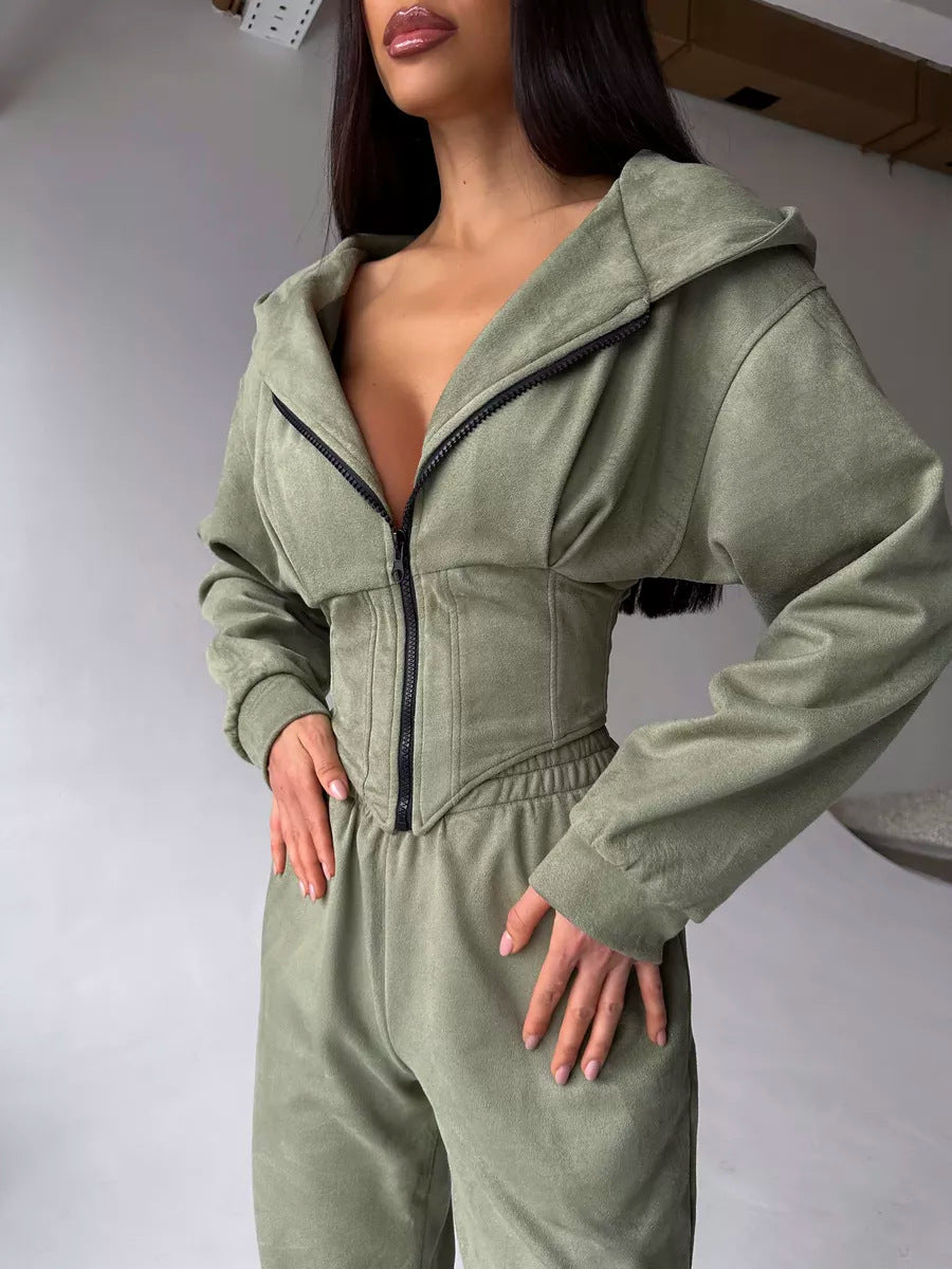 Women's Solid Color Waist Hoodie Pants Set